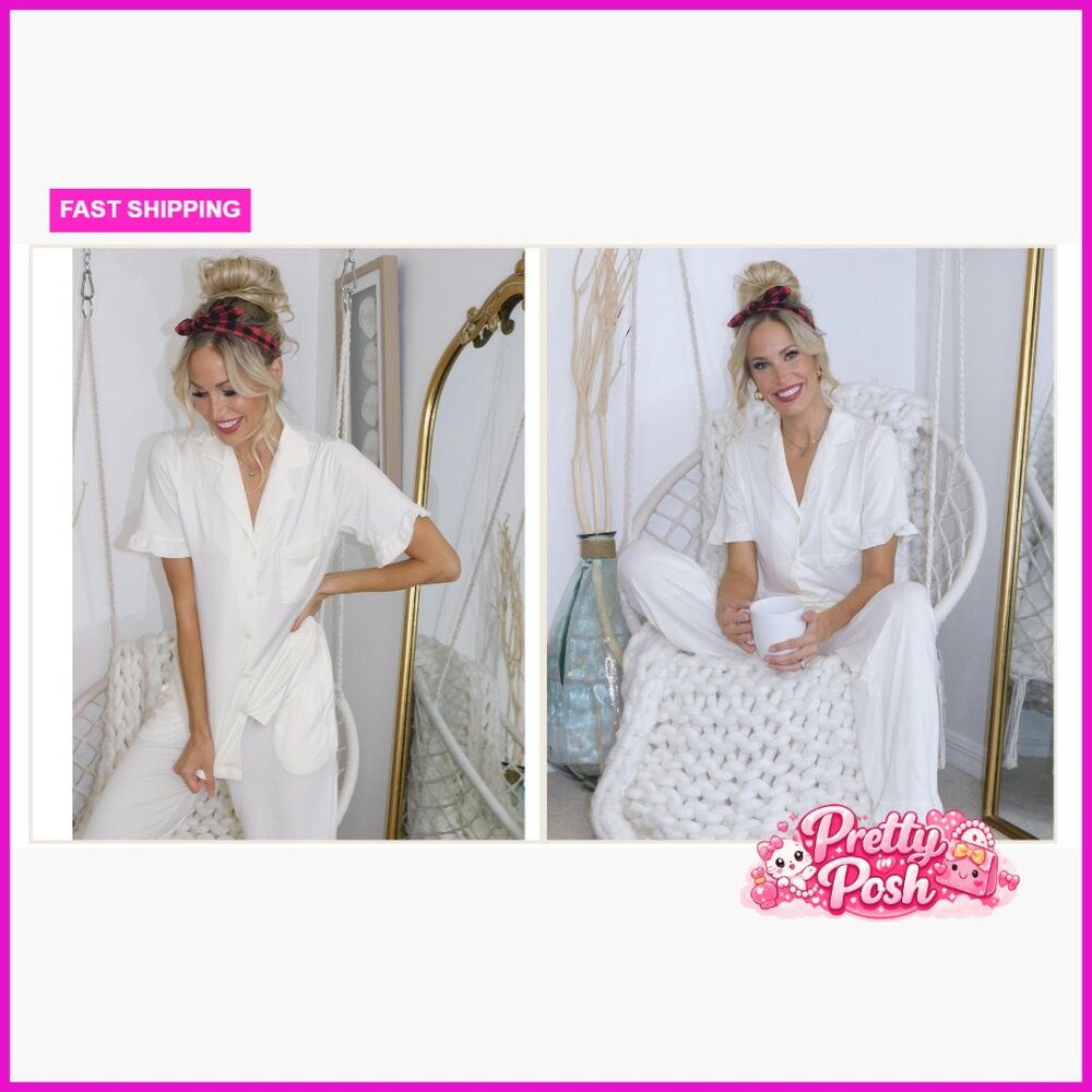 Polyester Pajama Set With Ruffle Button Up Top An… - image 7